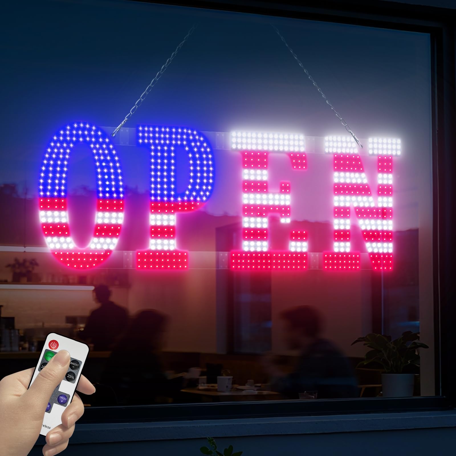 40"L x 14"W Large Flashing USA Flag Open Sign for Business